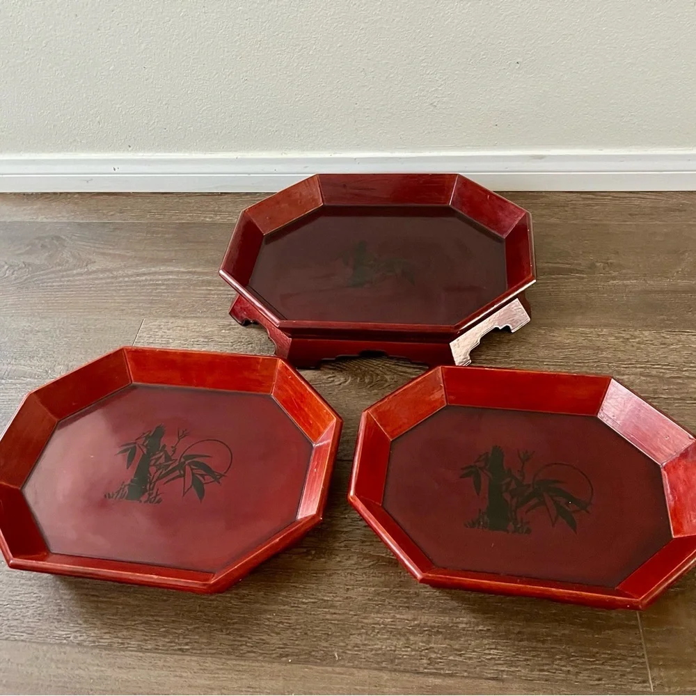 Red Lacquered Octagonal Decorative Tray Set